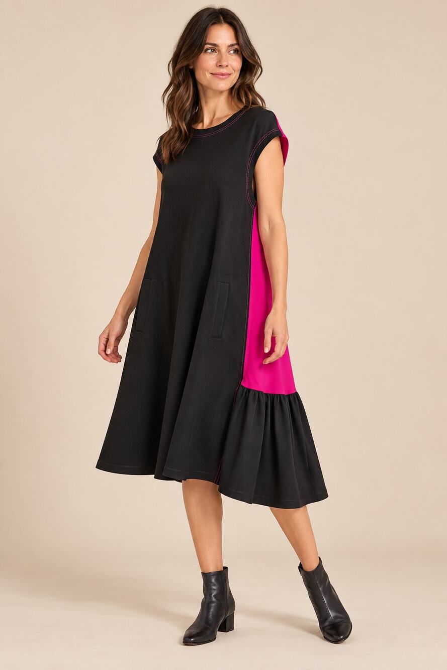 ME+EM Black Pink Colorblock Swing Dress UK 8 US 4 Ruffle Hem Pockets Lined